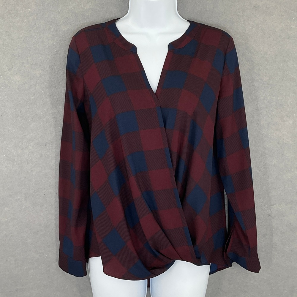 Ann Taylor Blouse Burgundy Navy Plaid Long Sleeve Faux Wrap Top Sz S‎ Office